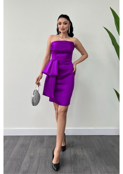 Saten Kumaş Straplez Mini Elbise - Fuşya