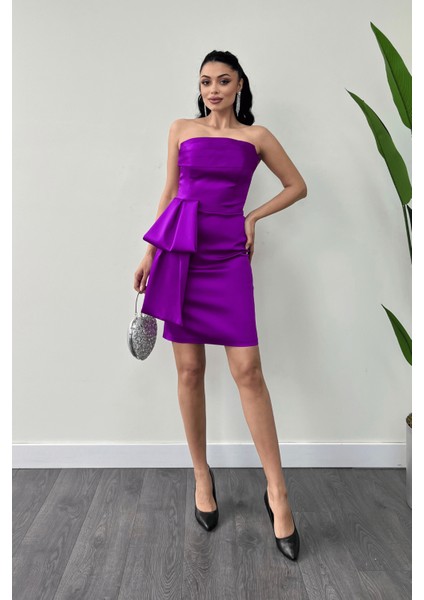 Saten Kumaş Straplez Mini Elbise - Fuşya fiyatları