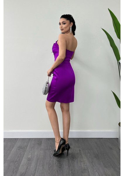 Saten Kumaş Straplez Mini Elbise - Fuşya indirimleri