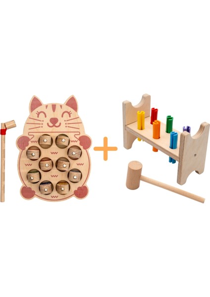 Montessori 3 Boyutlu Ahşap Balık Tutma Oyunu + Montessori Ahşap Çak-Çak Çekiç Oyunu