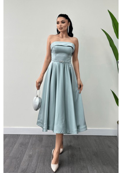Saten Kumaş Sırt Ip Detaylı Midi Elbise - Mint Yeşili