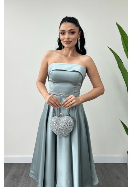 Saten Kumaş Sırt Ip Detaylı Midi Elbise - Mint Yeşili modelleri