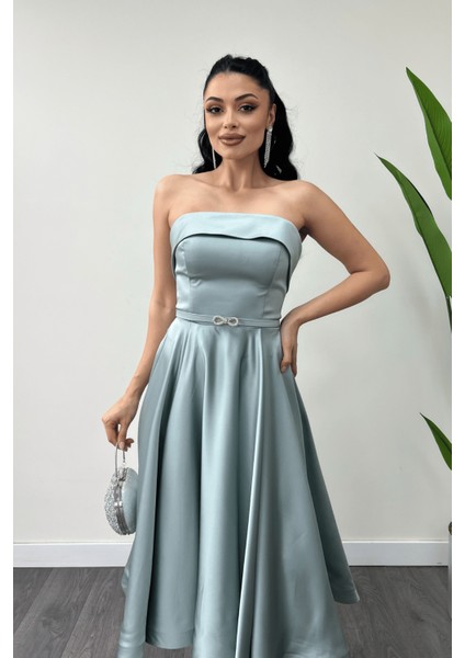 Saten Kumaş Sırt Ip Detaylı Midi Elbise - Mint Yeşili fırsatları