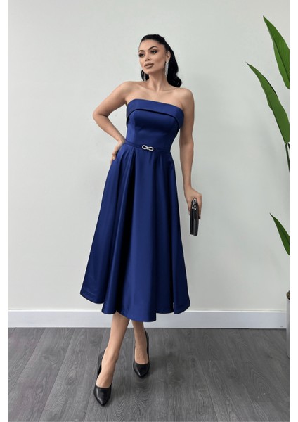 Saten Kumaş Sırt Ip Detaylı Midi Elbise - Lacivert