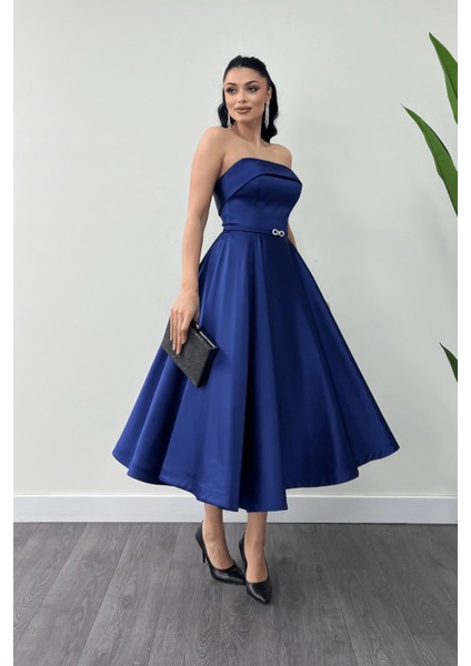 Saten Kumaş Sırt Ip Detaylı Midi Elbise - Lacivert fiyatları