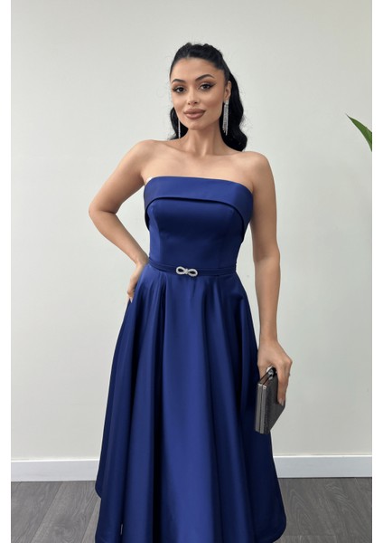 Saten Kumaş Sırt Ip Detaylı Midi Elbise - Lacivert modelleri