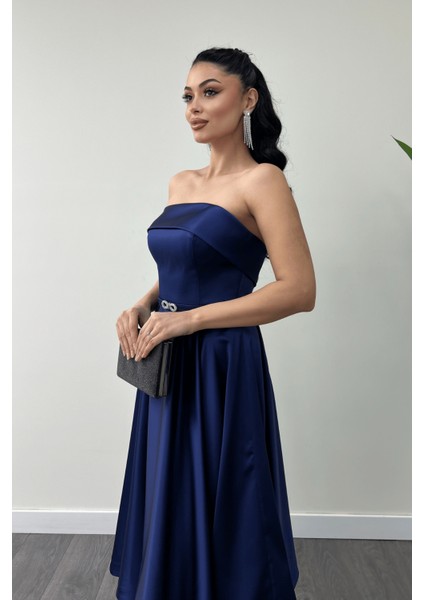 Saten Kumaş Sırt Ip Detaylı Midi Elbise - Lacivert fırsatları