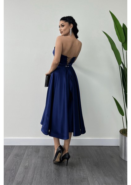 Saten Kumaş Sırt Ip Detaylı Midi Elbise - Lacivert indirimleri