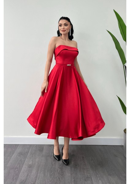 Saten Kumaş Sırt Ip Detaylı Midi Elbise - Kırmızı