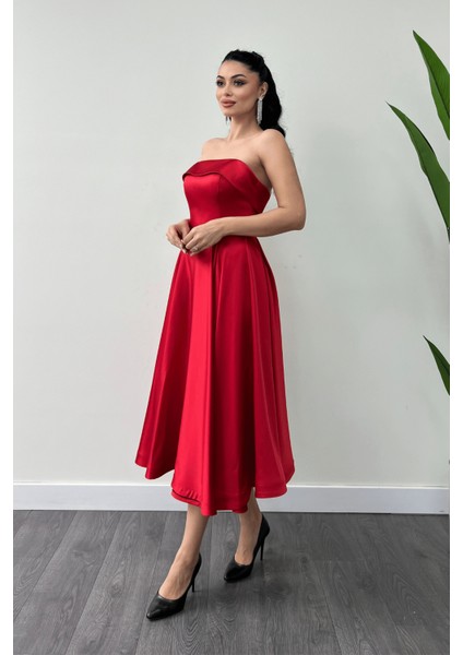 Saten Kumaş Sırt Ip Detaylı Midi Elbise - Kırmızı fiyatları