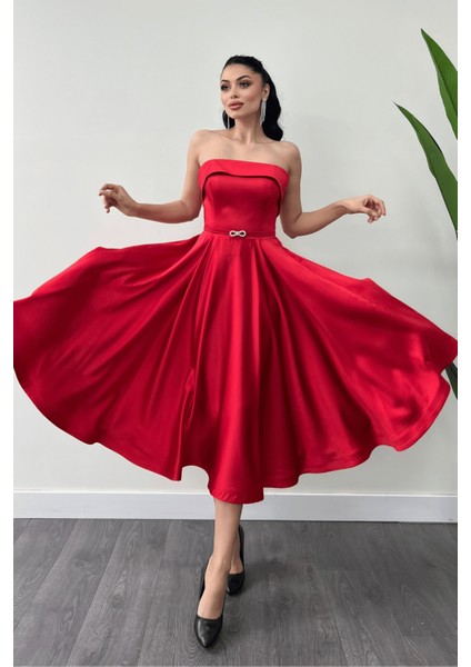 Saten Kumaş Sırt Ip Detaylı Midi Elbise - Kırmızı modelleri