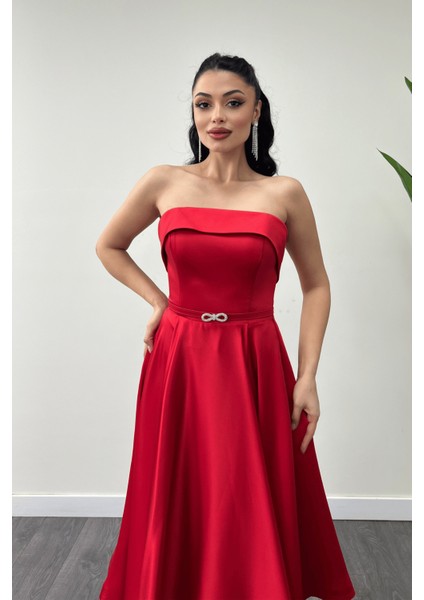 Saten Kumaş Sırt Ip Detaylı Midi Elbise - Kırmızı fırsatları