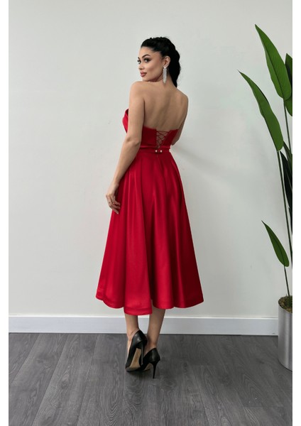 Saten Kumaş Sırt Ip Detaylı Midi Elbise - Kırmızı indirimleri
