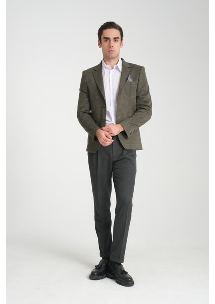 Eleventy Erkek Haki Likralı Pamuk Karışımlı Ekose Desenli Slim Fit Spor Blazer Ceket
