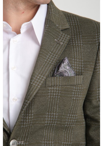 Eleventy Erkek Haki Likralı Pamuk Karışımlı Ekose Desenli Slim Fit Spor Blazer Ceket