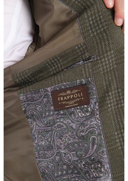 Eleventy Erkek Haki Likralı Pamuk Karışımlı Ekose Desenli Slim Fit Spor Blazer Ceket