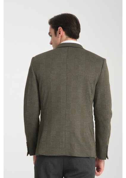 Eleventy Erkek Haki Likralı Pamuk Karışımlı Ekose Desenli Slim Fit Spor Blazer Ceket