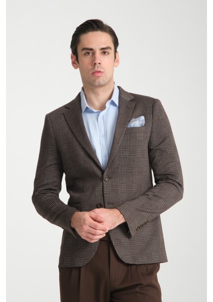Eleventy Erkek Kahve Likralı Pamuk Karışımlı Ekose Desenli Slim Fit Spor Blazer Ceket