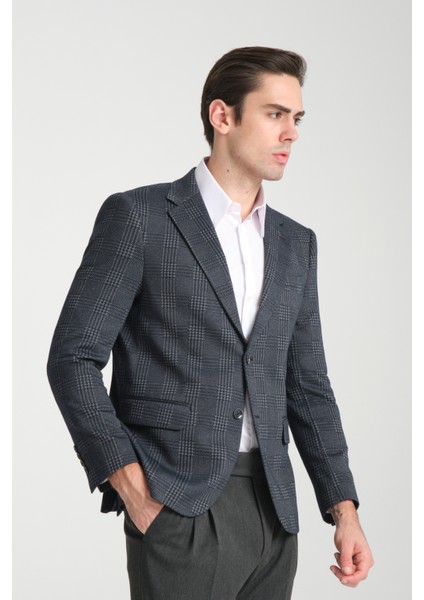 Eleventy Erkek Lacivert Likralı Pamuk Karışımlı Ekose Desenli Slim Fit Spor Blazer Ceket