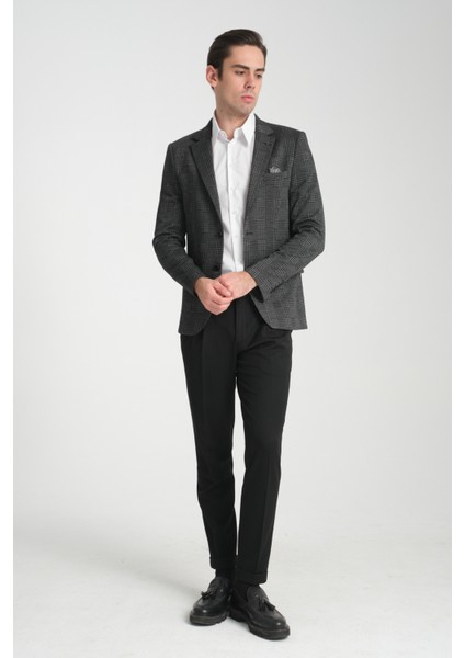 Eleventy Erkek Siyah Likralı Pamuk Karışımlı Ekose Desenli Slim Fit Spor Blazer Ceket