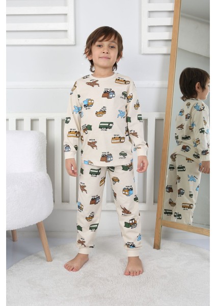 Isob Bej Taşıtlar Desenli %100 Pamuk Erkek Çocuk Pijama Takımı 3-8 Yaş 32231-B