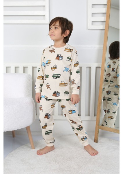 Isob Bej Taşıtlar Desenli %100 Pamuk Erkek Çocuk Pijama Takımı 3-8 Yaş 32231-B