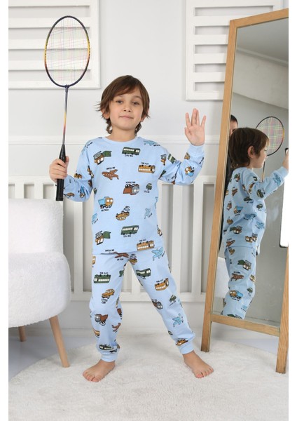 Isob Mavi Taşıtlar Desenli %100 Pamuk Erkek Çocuk Pijama Takımı 3-8 Yaş 32231-M