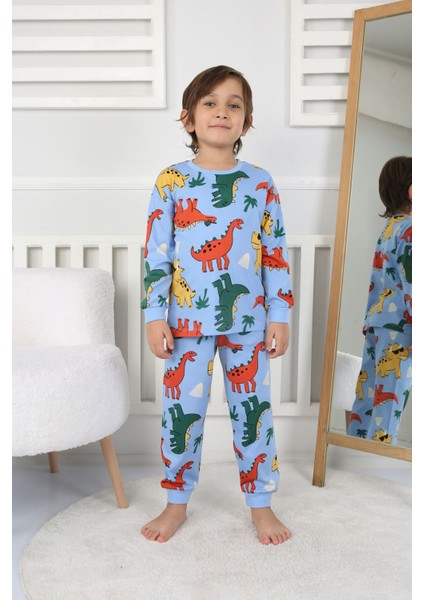 Isob Mavi Dinozor Desenli %100 Pamuk Erkek Çocuk Pijama Takımı 3-8 Yaş 32232-M