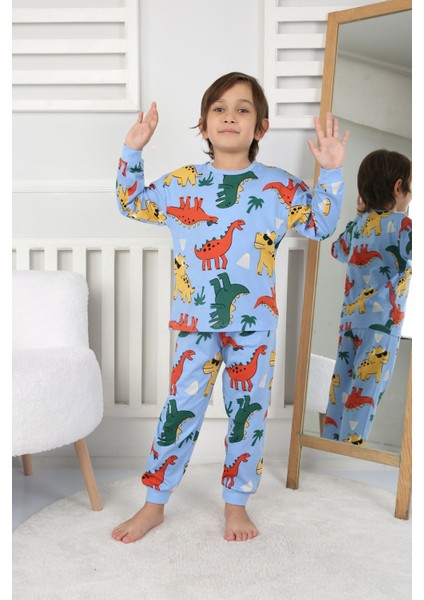 Isob Mavi Dinozor Desenli %100 Pamuk Erkek Çocuk Pijama Takımı 3-8 Yaş 32232-M