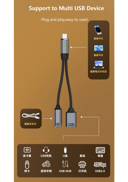 100W 2 In 1 Type C To USB 2.0 & Type C Hızlı Şarj Çevirici Dönüştürücü Otgca