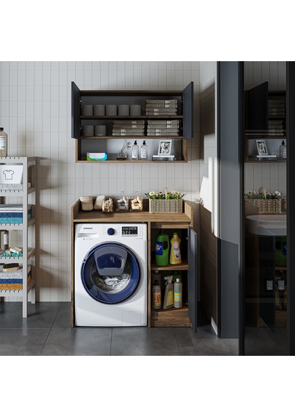 Çamaşır-Kurutma Makinesi Dolabı+ Üst Dolabı, Banyo Dolabı 100 cm