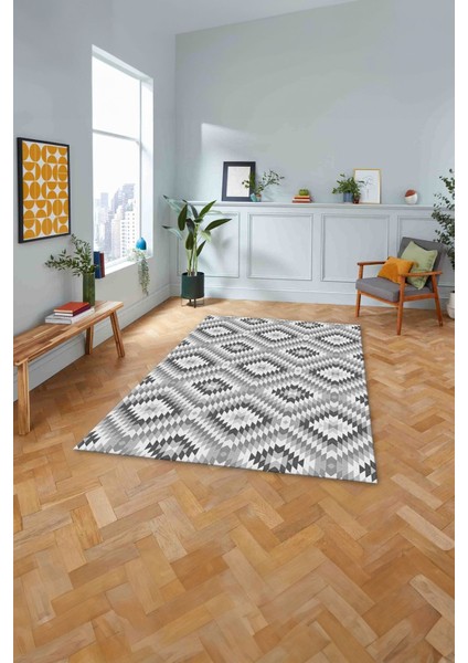 Dijital Baskılı Modern Etnik Model Yıkanabilir Kaymaz Yolluk Mutfak Salon Halısı, Modern-128-Gri,