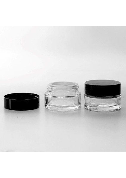 20 Adet Boş Cam Krem Kavanozu, 20 Ml, Silindir Model, Şeffaf, Siyah Kapaklı
