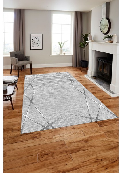 Baskılı Modern Zigzag Çizgili Yıkanabilir Kaymaz Yolluk Mutfak Salon Halısı, Modern-135-Gri,