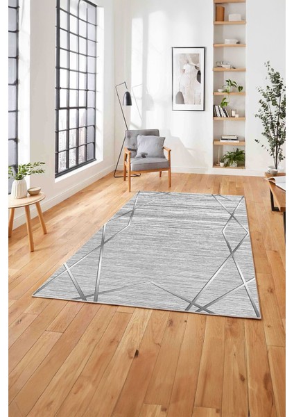 Baskılı Modern Zigzag Çizgili Yıkanabilir Kaymaz Yolluk Mutfak Salon Halısı, Modern-135-Gri,