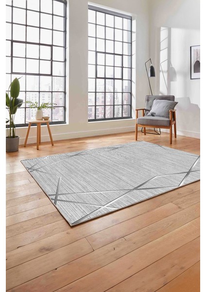Baskılı Modern Zigzag Çizgili Yıkanabilir Kaymaz Yolluk Mutfak Salon Halısı, Modern-135-Gri,