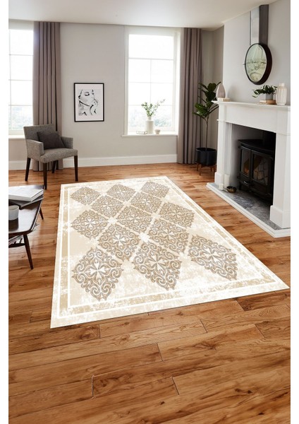 Baskılı Modern Vektörel Modelli Yıkanabilir Kaymaz Yolluk Mutfak Salon Halısı, Modern-131-Bej,