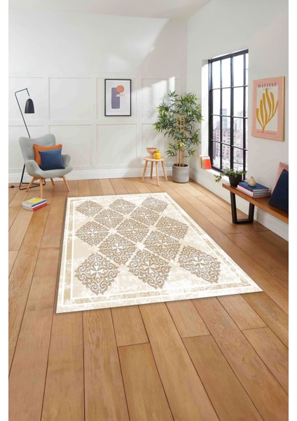 Baskılı Modern Vektörel Modelli Yıkanabilir Kaymaz Yolluk Mutfak Salon Halısı, Modern-131-Bej, indirimleri