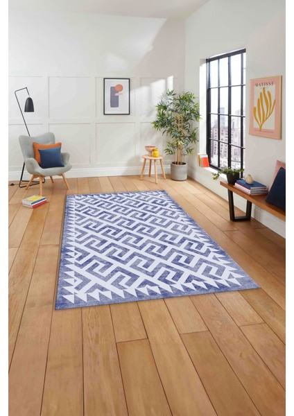 Baskılı Modern Vektörel Desen Yıkanabilir Kaymaz Yolluk Mutfak Salon Halısı, Modern-132-Lacivert,