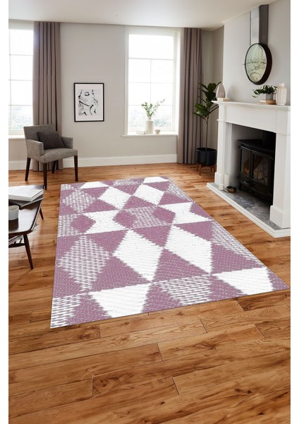 Baskılı Modern Üçgen Desenli Yıkanabilir Kaymaz Yolluk Mutfak Salon Halısı, Modern-125-Pembe,