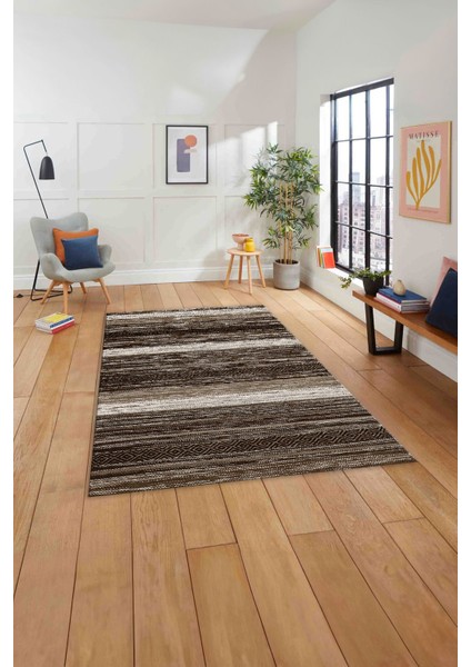 Baskılı Modern Kilim Görünümlü Yıkanabilir Kaymaz Yolluk Mutfak Salon Halısı, Modern-185-Kahve, indirimleri