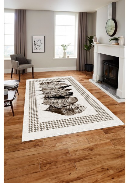 Baskılı Modern Kuş Tüyü Desen Yıkanabilir Kaymaz Yolluk Mutfak Salon Halısı, Modern-149-Kahve,