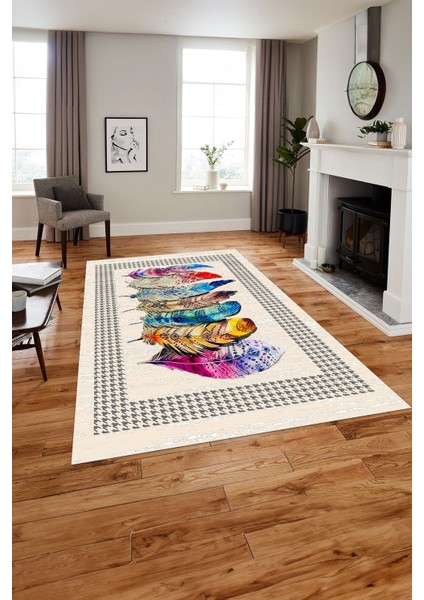 Baskılı Modern Kuş Tüyü Desen Yıkanabilir Kaymaz Yolluk Mutfak Salon Halısı, Modern-149-Renkli,