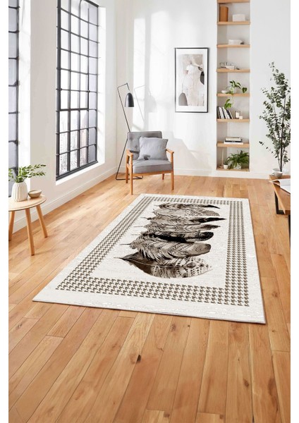 Baskılı Modern Kuş Tüyü Desen Yıkanabilir Kaymaz Yolluk Mutfak Salon Halısı, Modern-149-Kahve, fiyatları