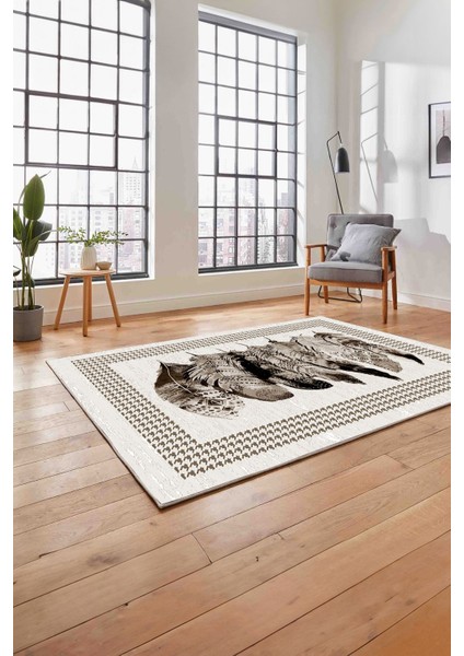 Baskılı Modern Kuş Tüyü Desen Yıkanabilir Kaymaz Yolluk Mutfak Salon Halısı, Modern-149-Kahve, modelleri