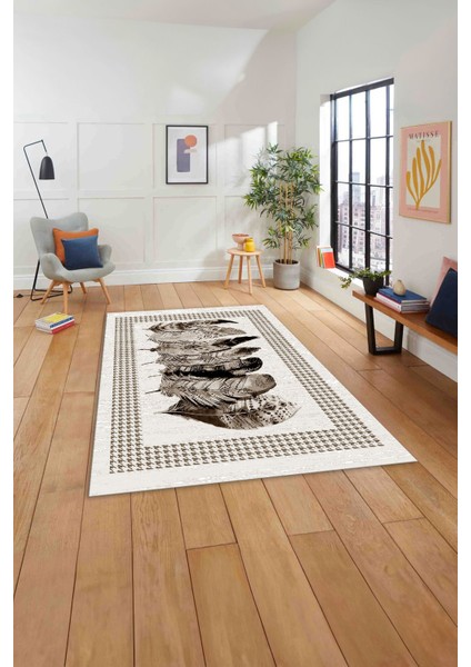 Baskılı Modern Kuş Tüyü Desen Yıkanabilir Kaymaz Yolluk Mutfak Salon Halısı, Modern-149-Kahve, fırsatları