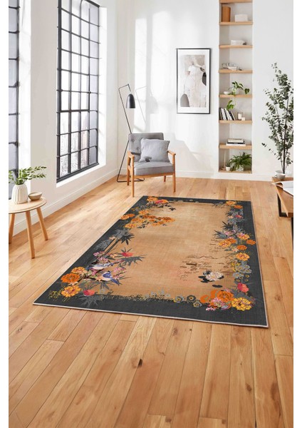 Baskılı Modern Çiçek Motifli Yıkanabilir Kaymaz Yolluk Mutfak Salon Halısı, Modern-150-Gri,