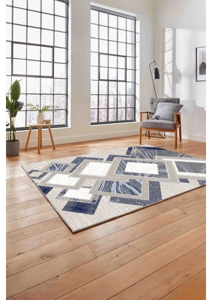 Baskılı Modern Kare Desenli Yıkanabilir Kaymaz Yolluk Mutfak Salon Halısı, Modern-122-Lacivert, fırsatları