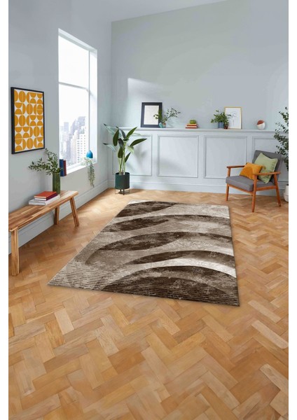 Baskılı Modern Sade Desenli Yıkanabilir Kaymaz Yolluk Mutfak Salon Halısı, Modern-124-Kahve,
