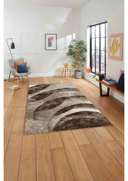 Baskılı Modern Sade Desenli Yıkanabilir Kaymaz Yolluk Mutfak Salon Halısı, Modern-124-Kahve,